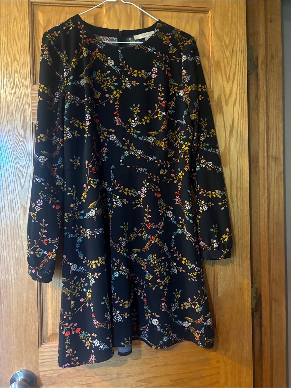 LOFT Black Floral Long-Sleeve Swing Dress